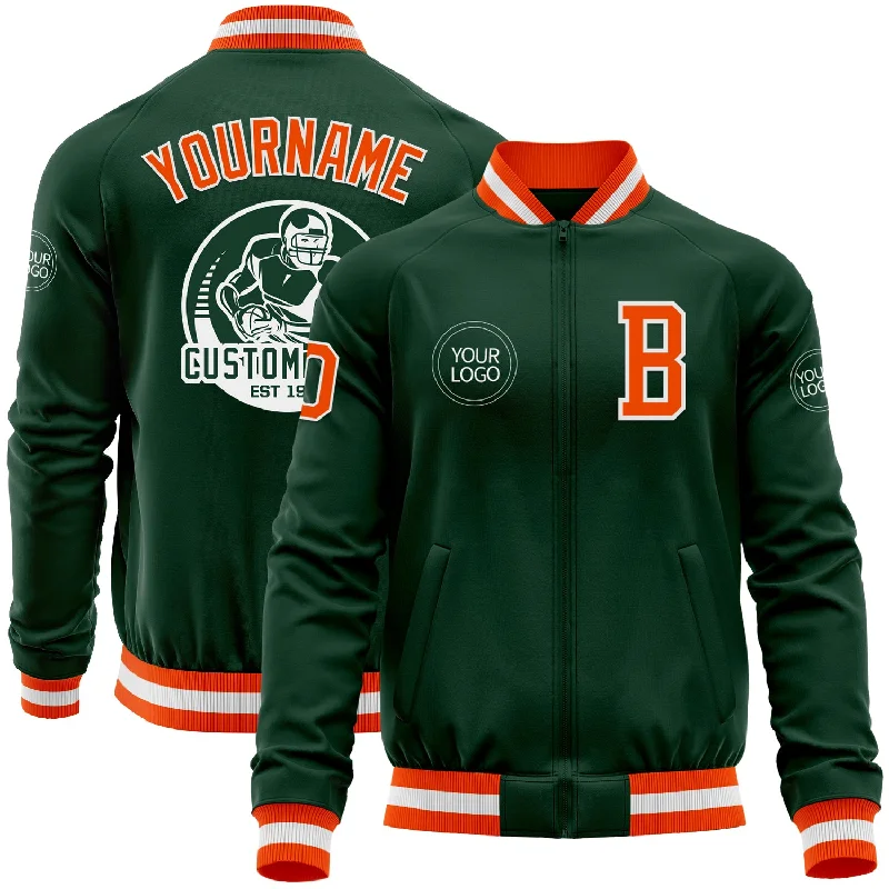 Rugged Work Jacket for Tough Conditions-Custom Green Orange-White Bomber Varsity Letterman Zipper Jacket