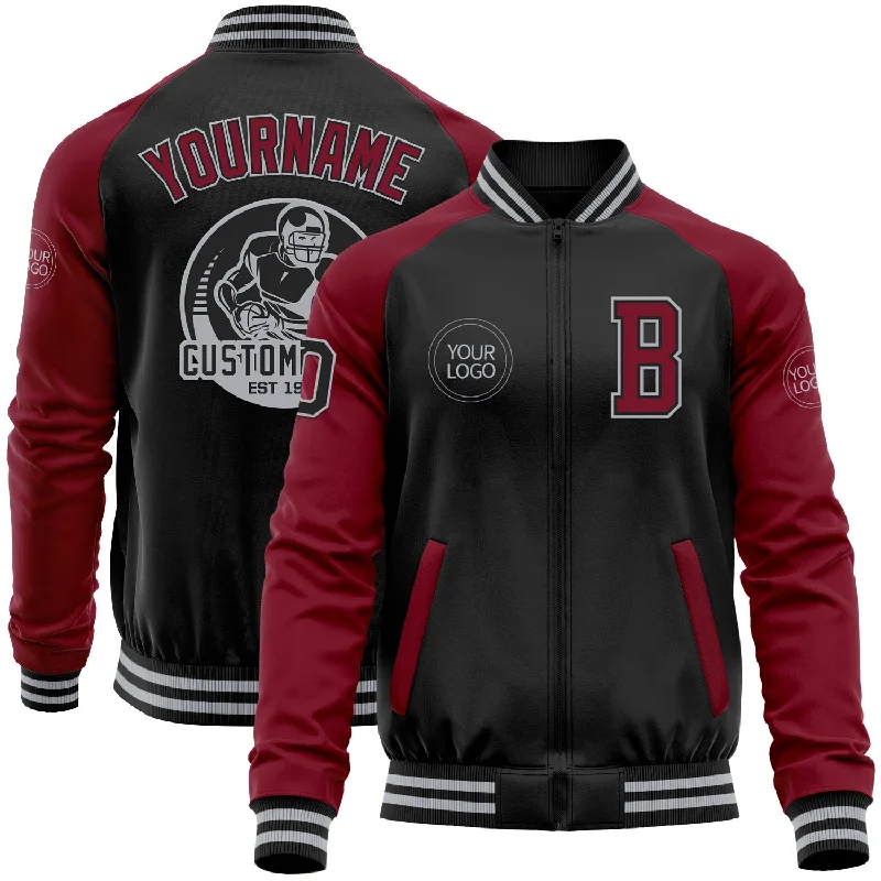 Military Style Jacket for Bold Fashion Statement-Custom Black Crimson-Gray Bomber Varsity Letterman Two Tone Zipper Jacket