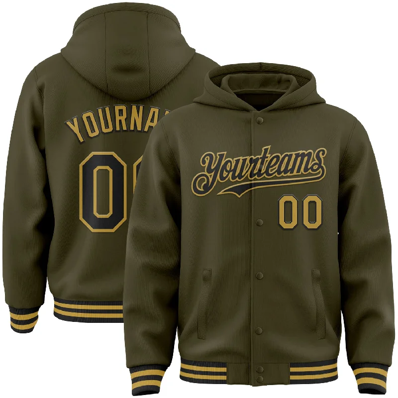 Versatile Hoodie for Sports and Leisure-Custom Olive Black-Old Gold Bomber Full-Snap Varsity Letterman Salute To Service Hoodie Jacket