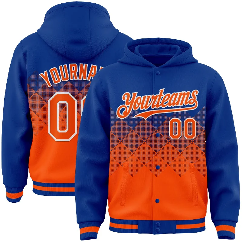 Athletic Zip Hoodie for Gym and Sports-Custom Royal Orange-White Gradient Square Shape 3D Pattern Design Bomber Full-Snap Varsity Letterman Hoodie Jacket