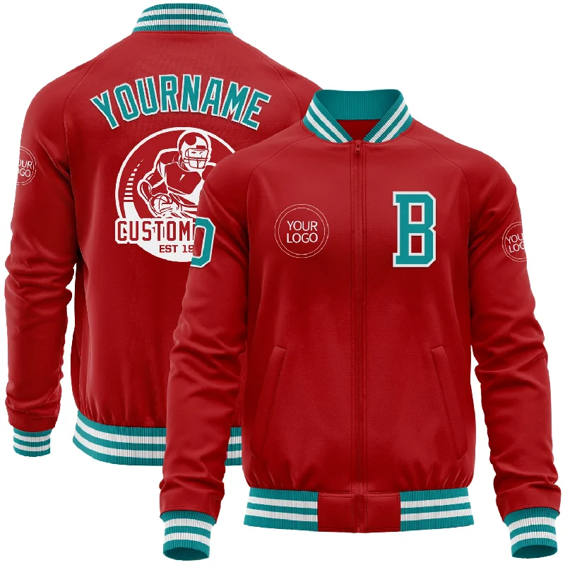 High-Performance Sports Jacket for Athletes-Custom Red Teal-White Bomber Varsity Letterman Zipper Jacket