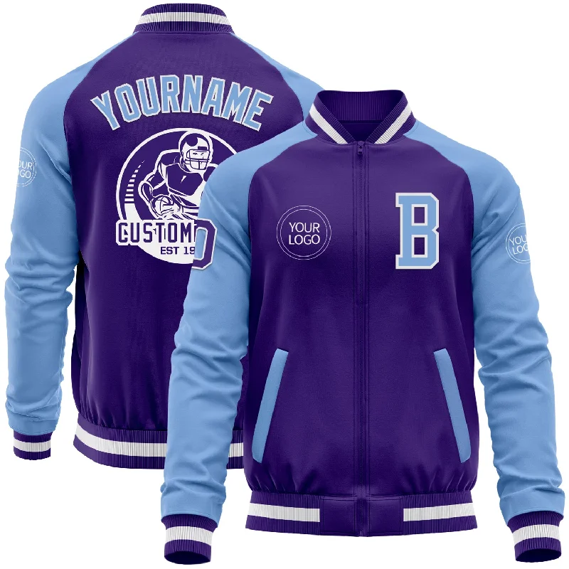 Soft Shell Jacket for Outdoor Adventures-Custom Purple Light Blue-White Bomber Varsity Letterman Two Tone Zipper Jacket