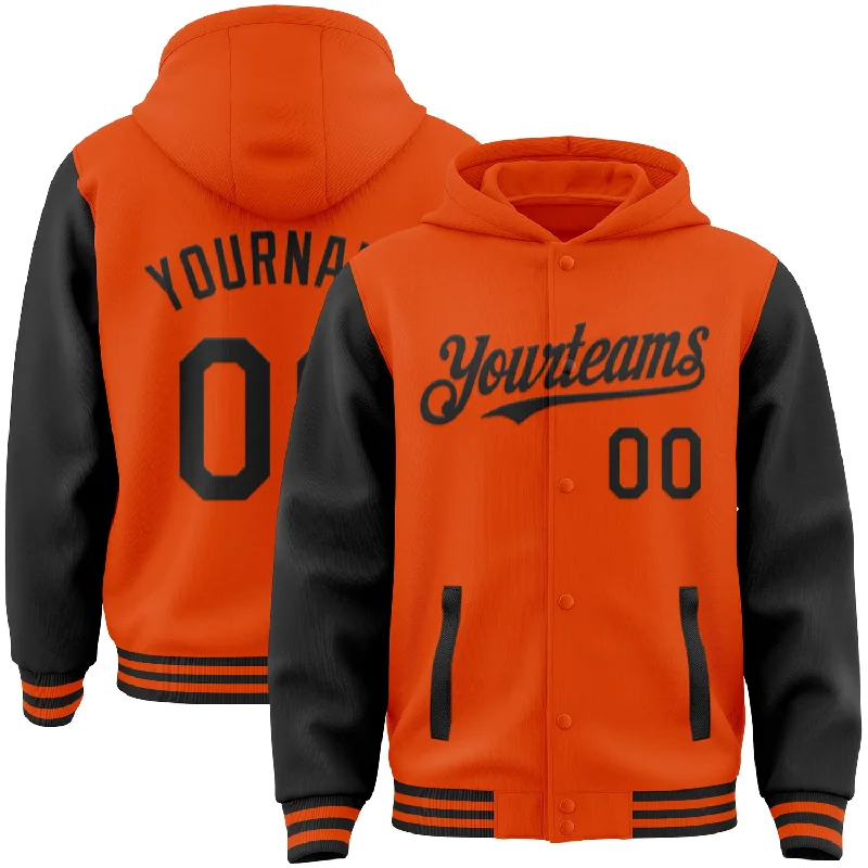 Breathable Hoodie for Summer Nights-Custom Orange Black Bomber Full-Snap Varsity Letterman Two Tone Hoodie Jacket