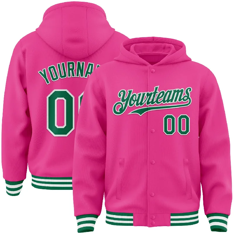 Simple Zip Hoodie for Easy Casual Style-Custom Pink Kelly Green-White Bomber Full-Snap Varsity Letterman Hoodie Jacket