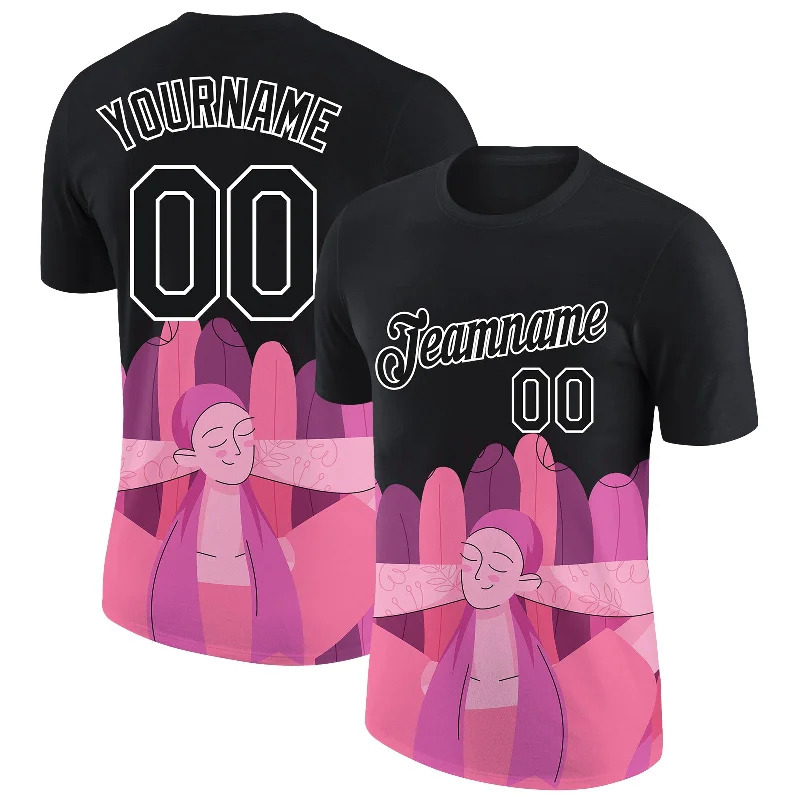 Trendy Gradient Color T-Shirt for Modern Appeal-Custom Black Pink-White 3D Pink Ribbon Breast Cancer Performance T-Shirt