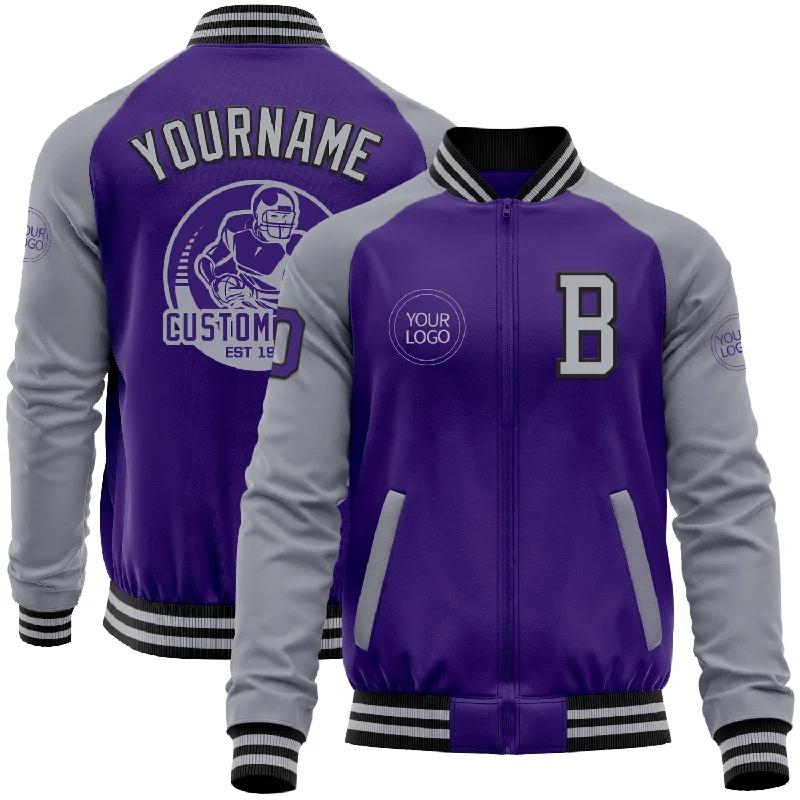 Classic Denim Jacket for Versatile Styling-Custom Purple Gray-Black Bomber Varsity Letterman Two Tone Zipper Jacket