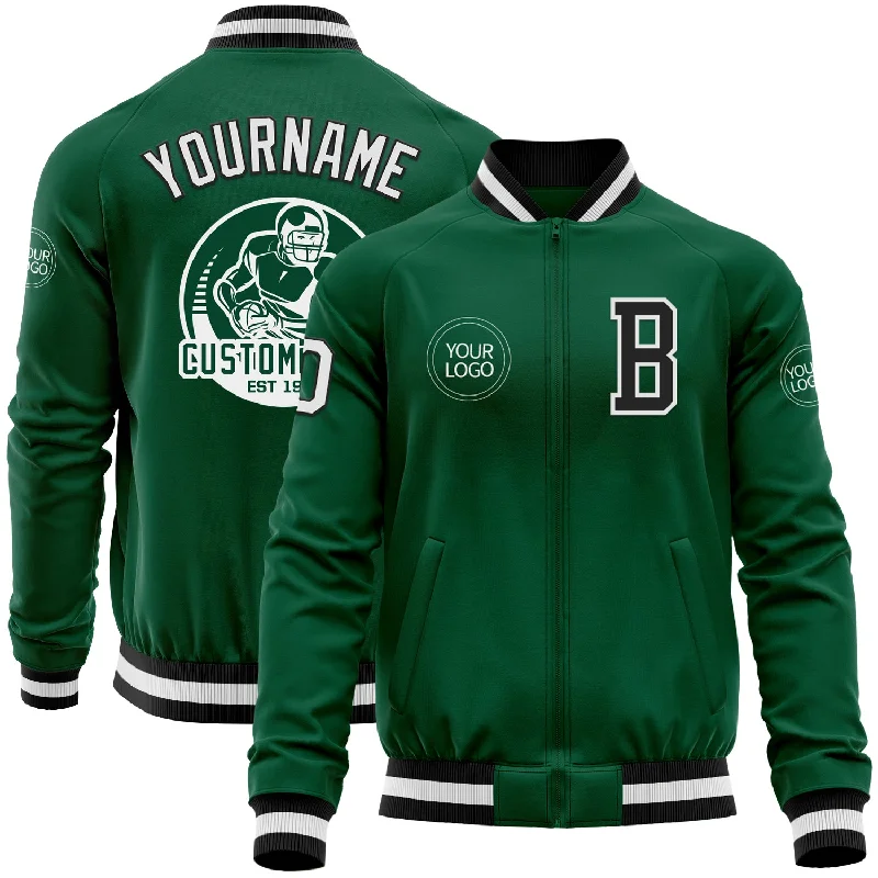 Packable Jacket for Travel and Convenience-Custom Kelly Green Black-White Bomber Varsity Letterman Zipper Jacket