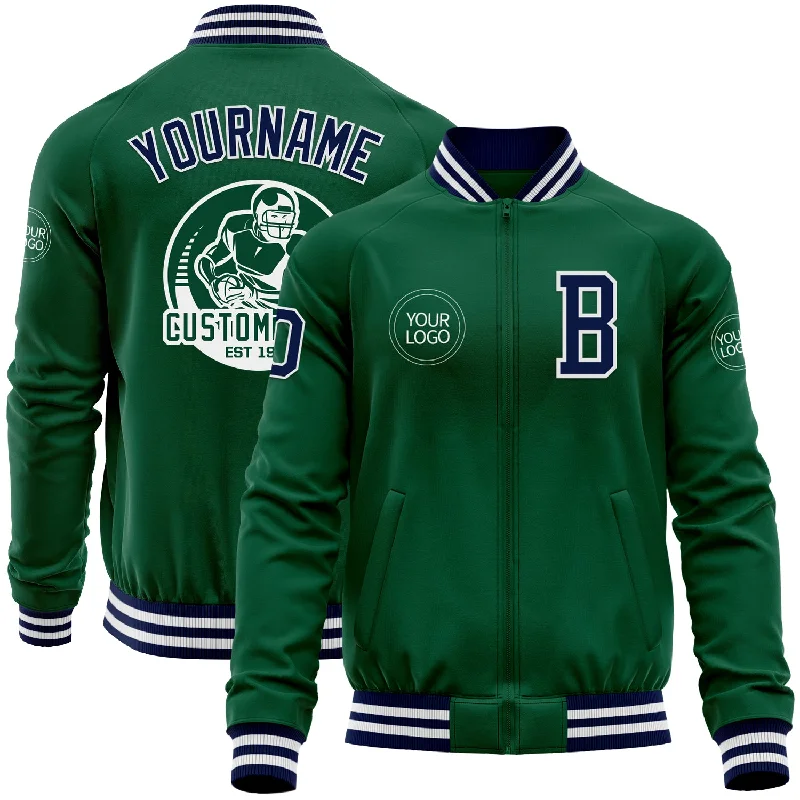 Easy Layering Jacket for Stylish Looks-Custom Kelly Green Navy-White Bomber Varsity Letterman Zipper Jacket